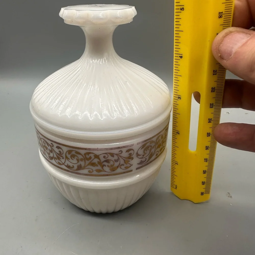 Vintage White milk Glass Decorative Lidded Jar with Gold Scroll Accent
